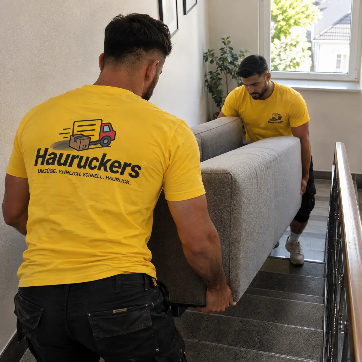 Umzugshelfer tragen Sofa durchs Treppenhaus