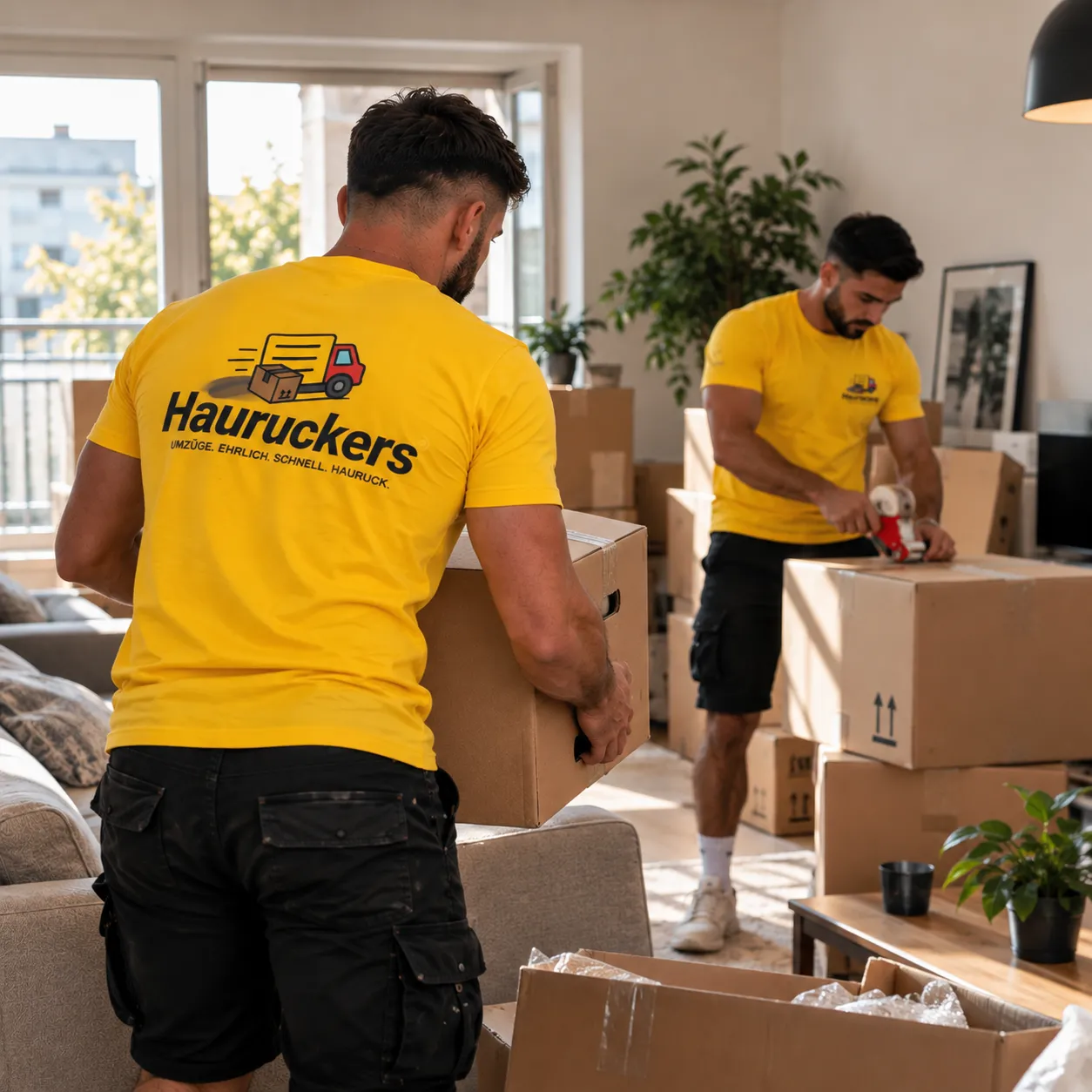 Hauruckers packen Kartons im Wohnzimmer